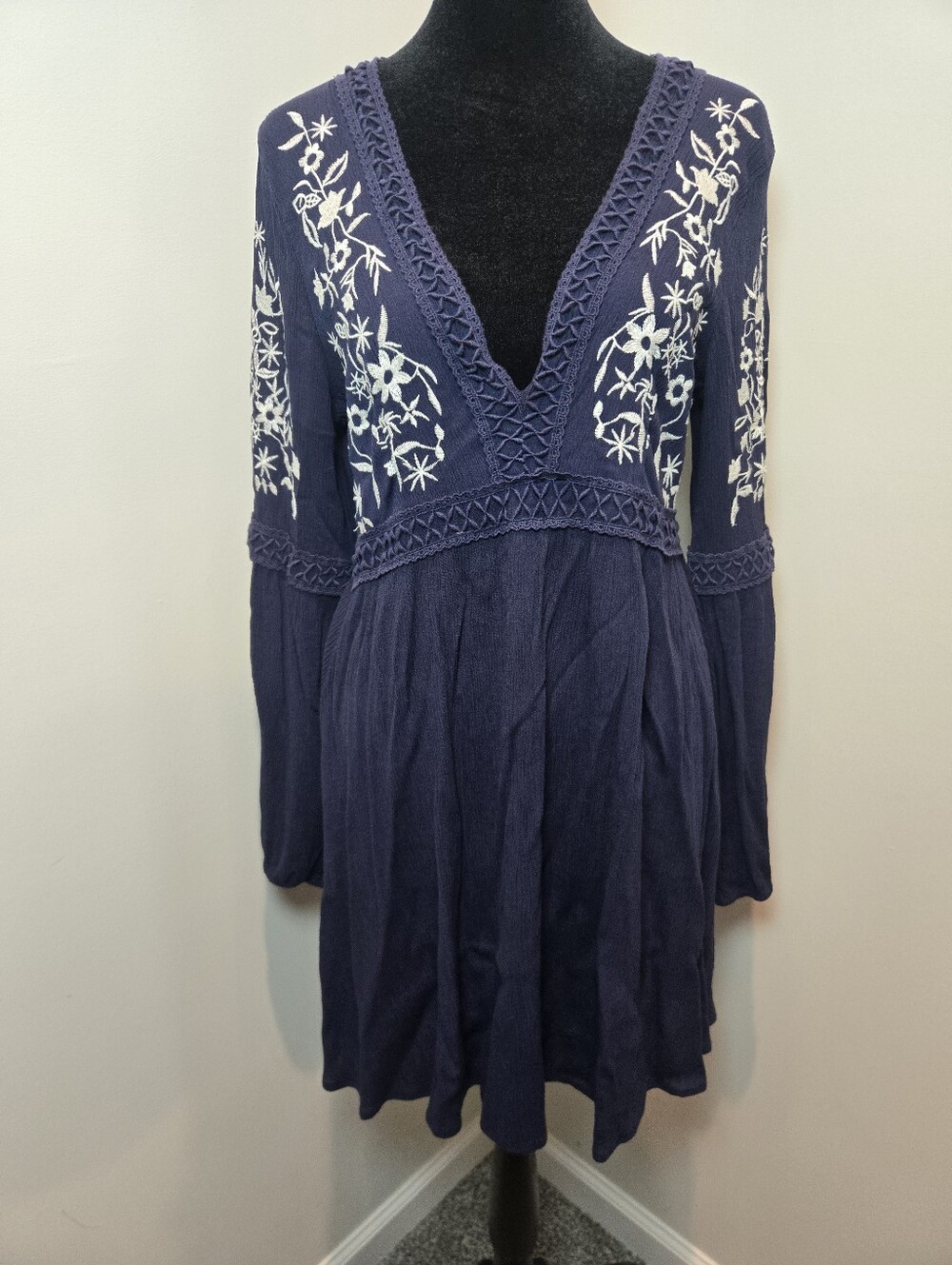 Blue Rain Boho Dress Medium Navy Flower Long Sleeve Cottagecore